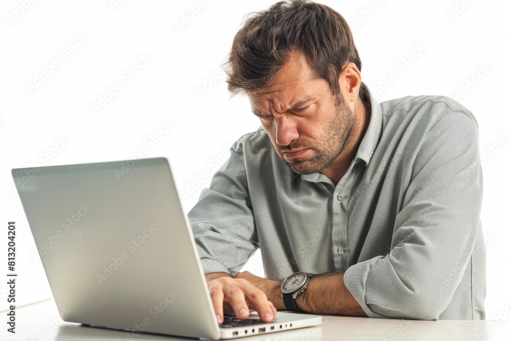 A man angry about his bankruptcy situation, working on a laptop with a sad, frustrated look, isolated on white A man angry about his bankruptcy situation, working on a laptop with a sad, frustrated look, isolated on white