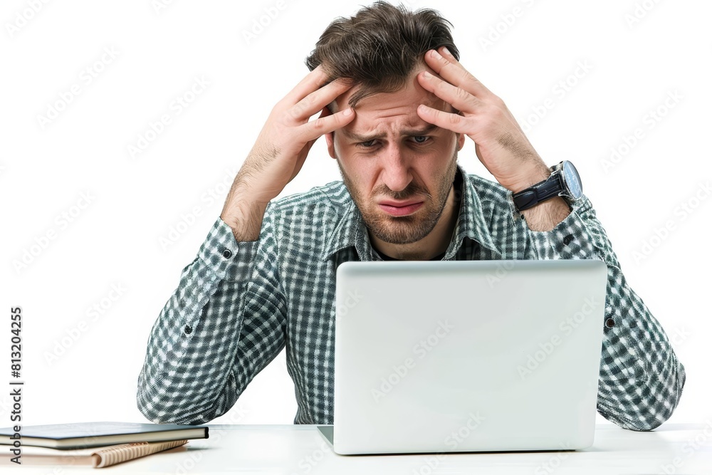 A man looking stressed and serious, analyzing data on his laptop regarding bankruptcy, isolated on white A man looking stressed and serious, analyzing data on his laptop regarding bankruptcy, isolated on white