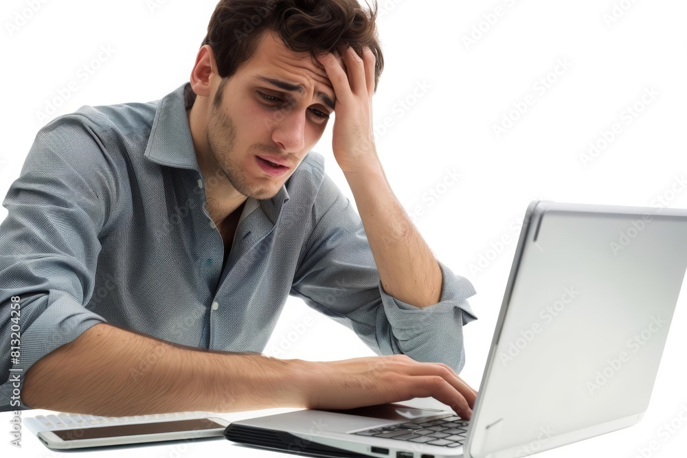A man looking stressed and serious, analyzing data on his laptop regarding bankruptcy, isolated on white A man looking stressed and serious, analyzing data on his laptop regarding bankruptcy, isolated on white