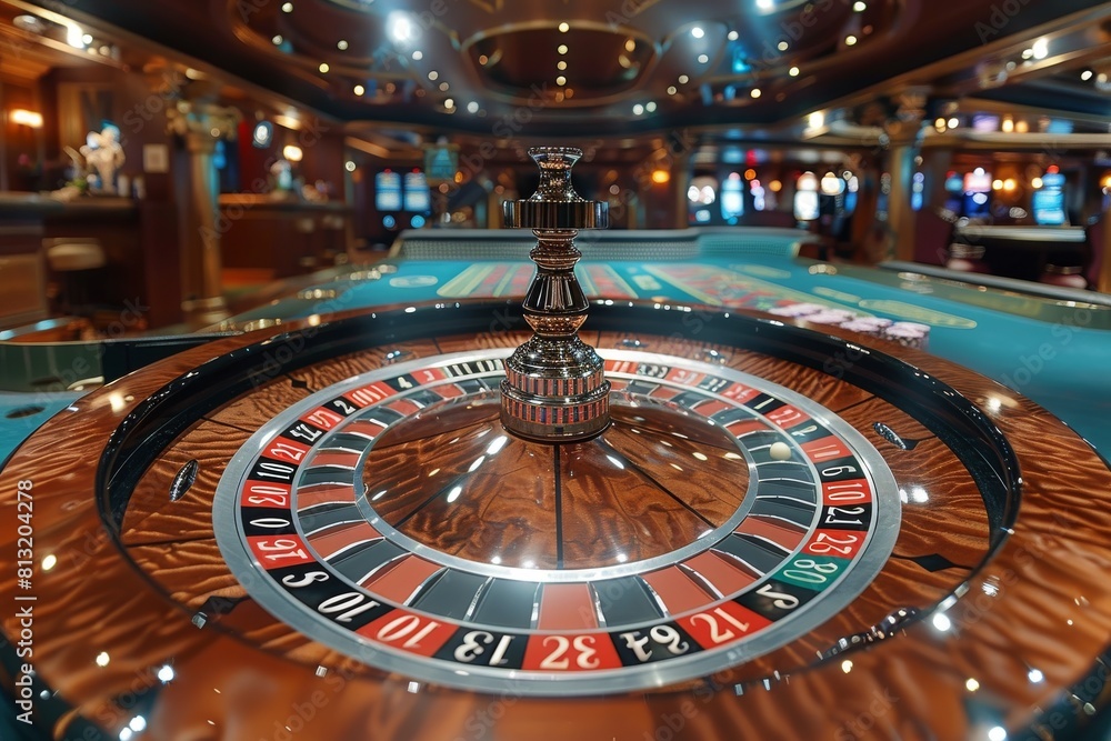 A close-up of a casino roulette wheel illuminated by stylish overhead lighting A close-up of a casino roulette wheel illuminated by stylish overhead lighting