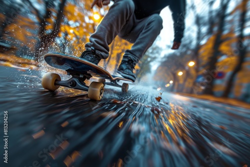 Action shot of a skateboarder riding through water puddles on a city street © Larisa AI