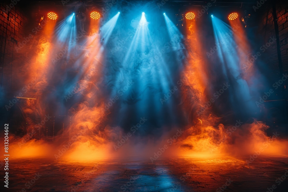 Intense lighting with smoke effects on an empty stage mimicking a dramatic performance