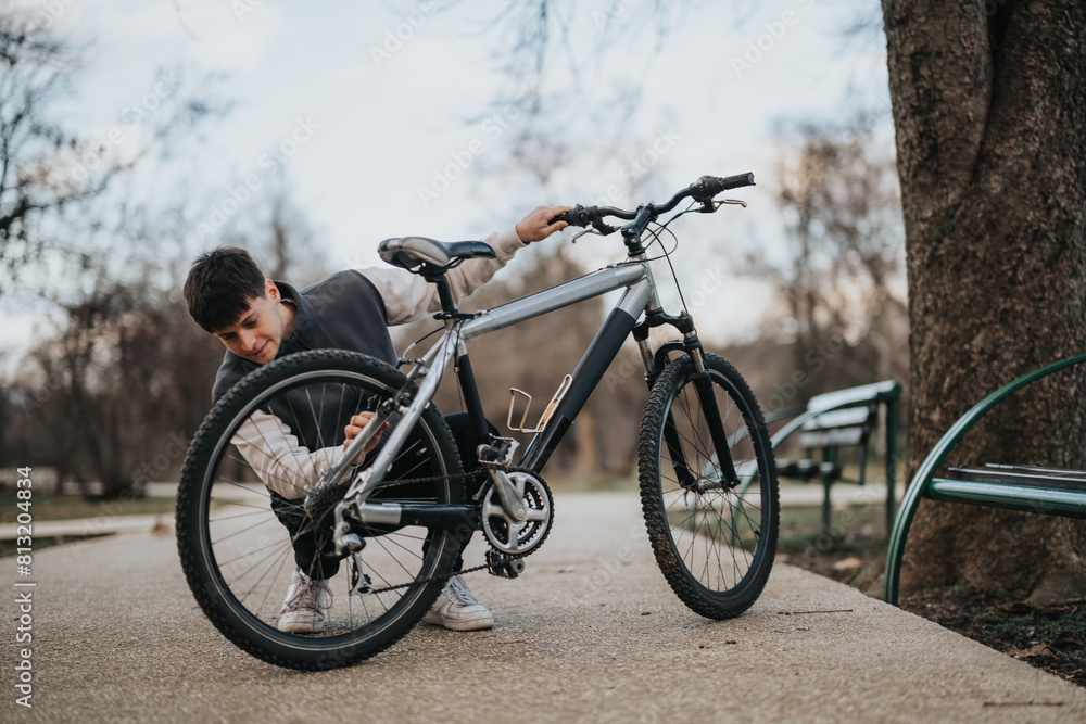 Casual male teenager takes a break with his bike in a peaceful park, exuding a sense of freedom and leisure. Casual male teenager takes a break with his bike in a peaceful park, exuding a sense of freedom and leisure.