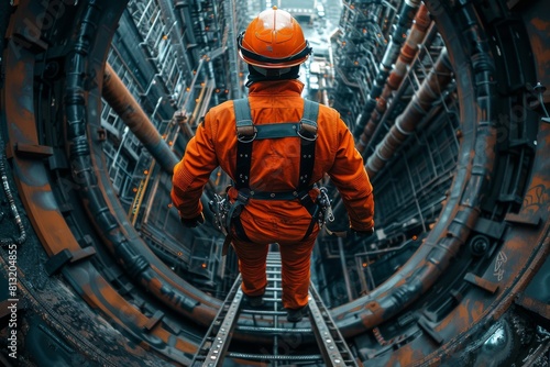 An industrial worker stands in the center of a circular framework, showcasing the symmetry of heavy industry designs