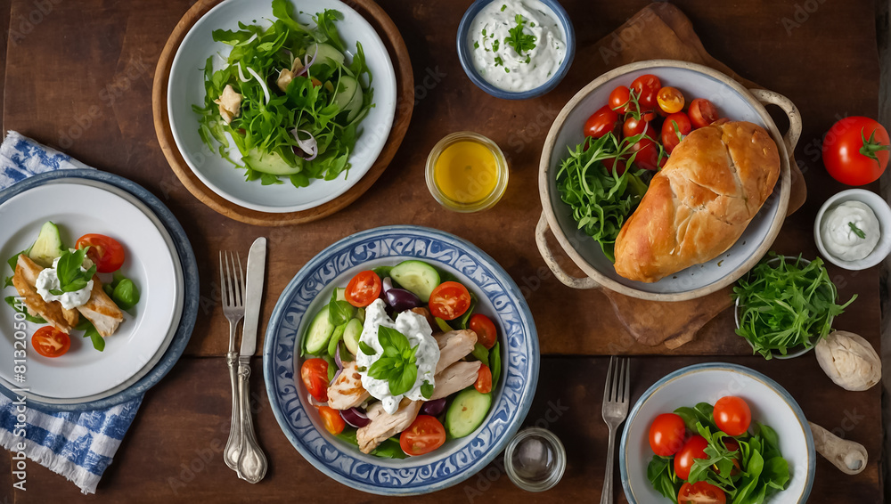 Different Greek food in plates Different Greek food in plates