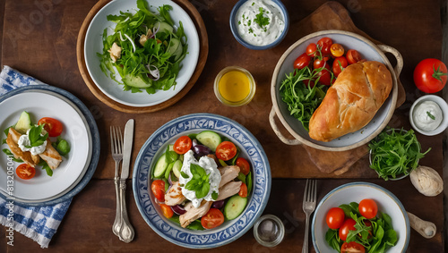 Different Greek food in plates