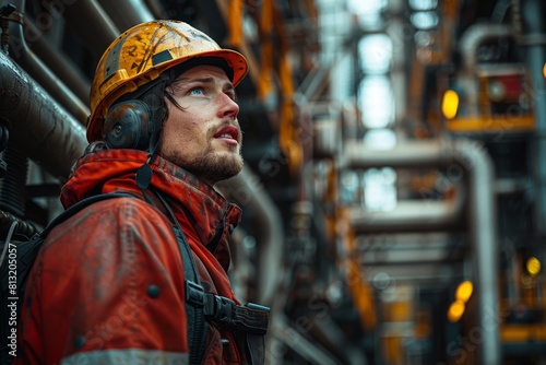 Attentive young worker in safety gear looks upward on site