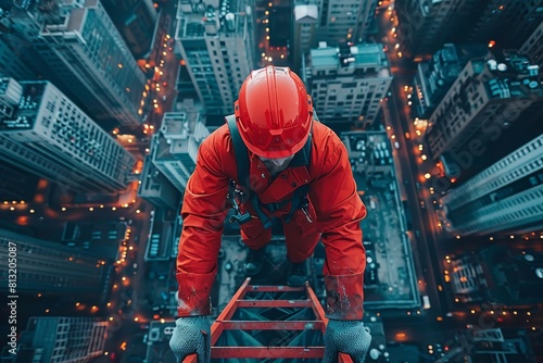 An urban worker in red safety gear stands daringly on a ladder high above the city, symbolizing adventure and professional bravery photo