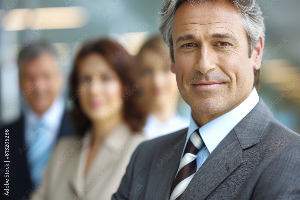 Portrait of confident mature businessman with colleagues in the background at office Portrait of confident mature businessman with colleagues in the background at office