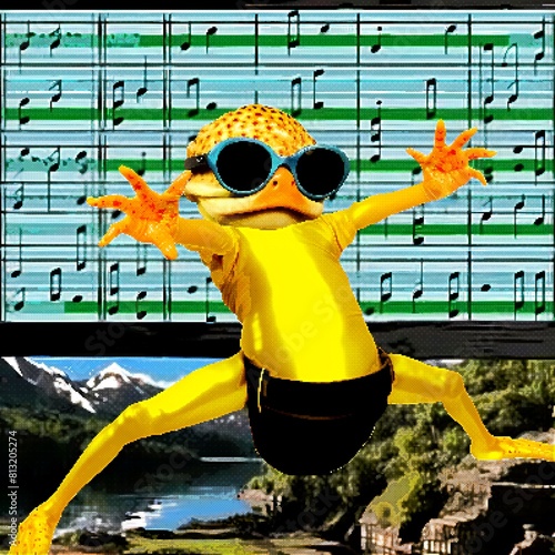 Animated Frog Dancing Happily in Stylish Outfit in Pop Art Style, 8 bit pixel graphics photo