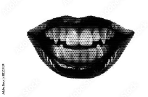 Halloween vampire dracula mouth with sharp teeth. Grunge vector halftone design element