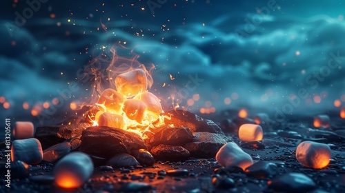 summer camping concept banner with a campfire, roasting marshmallows, and copy space for text, creating a cozy, outdoor atmosphere photo