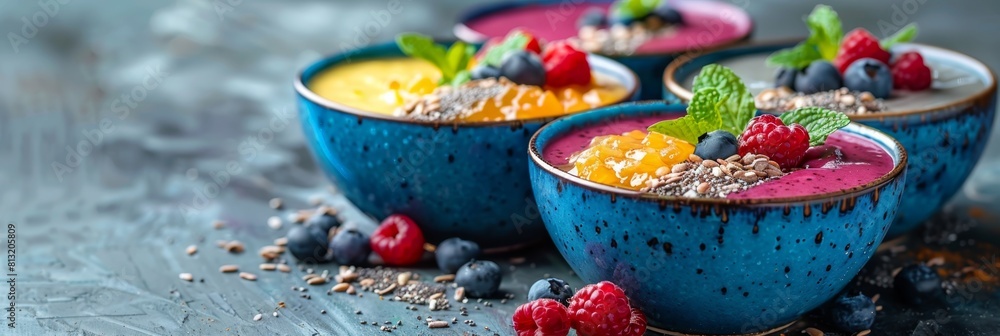 healthy eating choices, bright smoothie bowls topped with seeds and berries, a tasty option for a detox diet, leaving room for text in the image