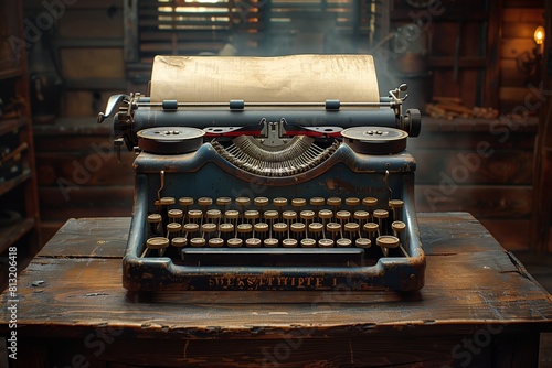 Blue antique typewriter with blank paper