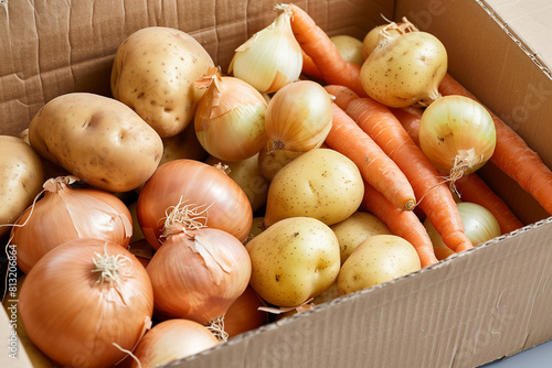 Box of Fresh Produce: Potatoes, Onions, and Carrots