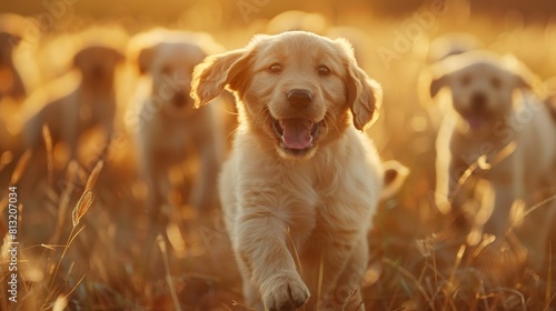 Cute little puppy running in the field