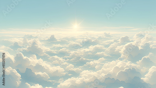 The blue sky is full of white clouds, with the sun shining on them and illuminating everything below, the sea of clouds stretches for kilometers.