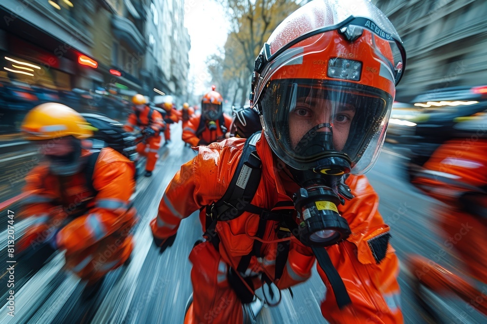 Obraz premium A dynamic, blurred motion shot of a firefighter in full gear running in an urban scenario, highlighting the intensity of rescue operations