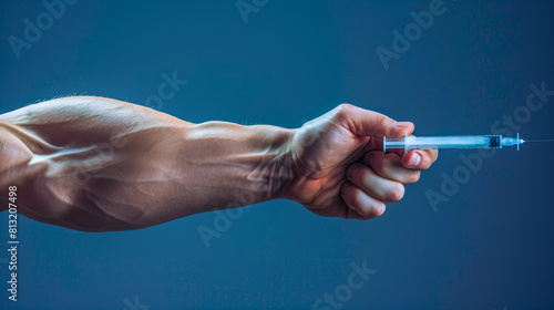 Muscular Arm Holding a Syringe Horizontally Against a Blue Background - Fitness Supplements, Steroid Use, Health Risks, Bodybuilding, Medical Injection