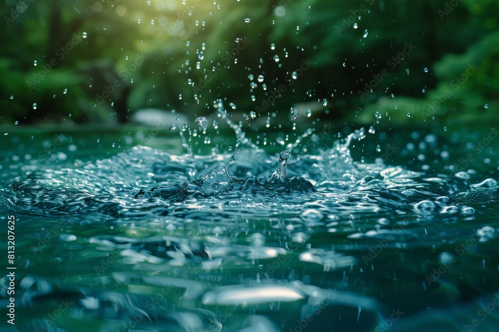 High-speed photography of raindrops creating a splash and ripples on the surface of a water body High-speed photography of raindrops creating a splash and ripples on the surface of a water body
