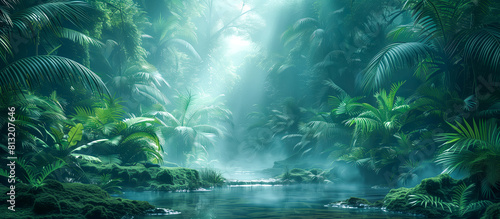 Misty Sunlit Tropical Rainforest with Lush Greenery and a Calm River - Nature's Serenity, Jungle Adventure, Tranquil Escape, Pristine Wilderness, Enchanting Landscape