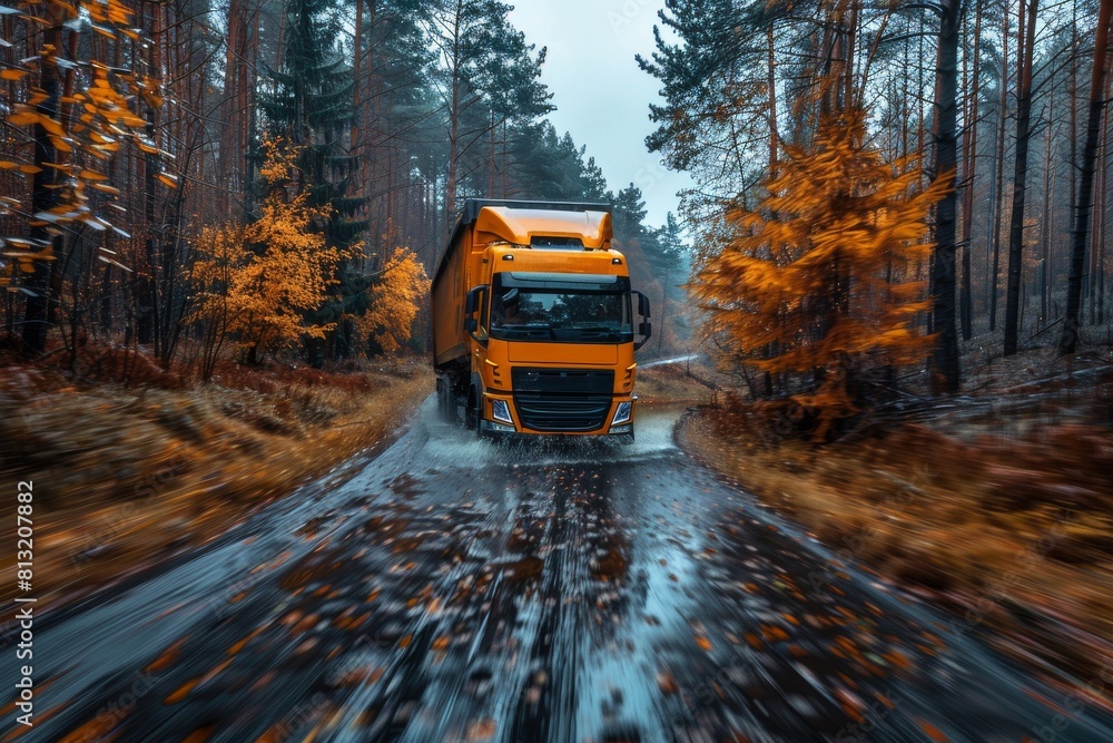 A vibrant orange truck is captured driving through a water puddle on a forest road during autumn A vibrant orange truck is captured driving through a water puddle on a forest road during autumn