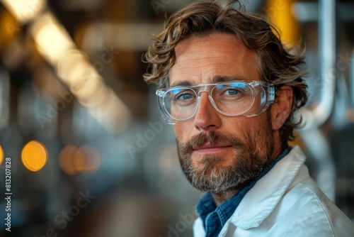 Mature scientist wearing safety glasses with blurred laboratory background, focused look