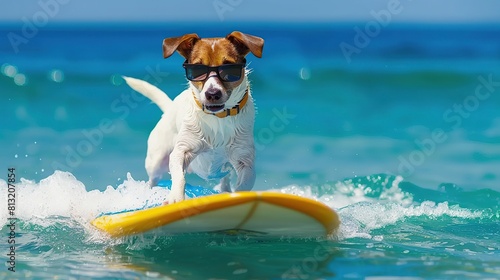 dog surfing on a surfboard wearing sunglasses at the ocean shore . Generative Ai © We3 Animal