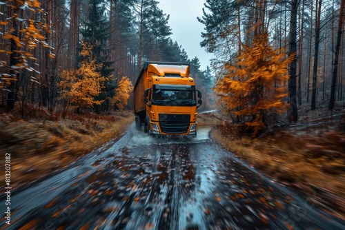 A vibrant orange truck is captured driving through a water puddle on a forest road during autumn