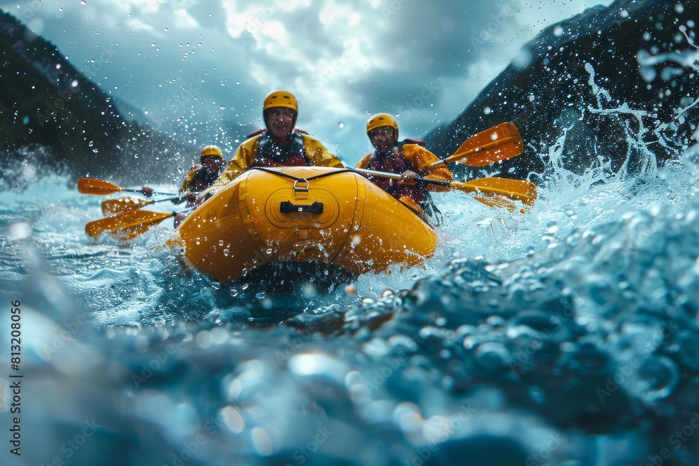 Fototapeta premium Team of rafters navigating strong river currents in a yellow raft, denotes teamwork in adversity