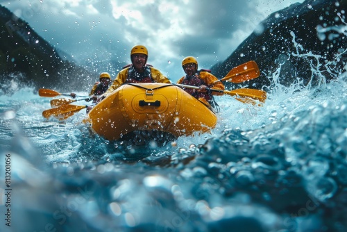 Team of rafters navigating strong river currents in a yellow raft, denotes teamwork in adversity