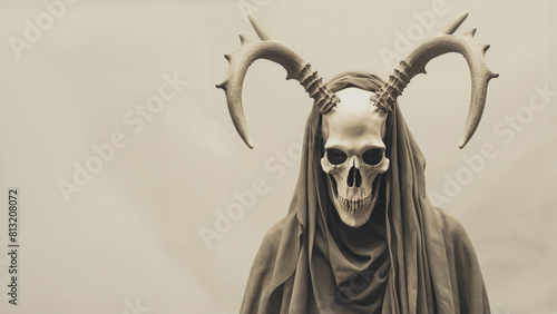 A macabre portrait of a man or womn wearing the skull of a mythical creature. Symbolic of death or evil. Copy space. photo