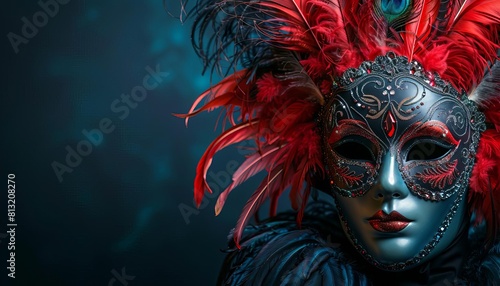 Illustrate a dramatic Venetian mask adorned with red and black sequins and a high plume of feathers, contrasted against a dark blue background © Nawarit