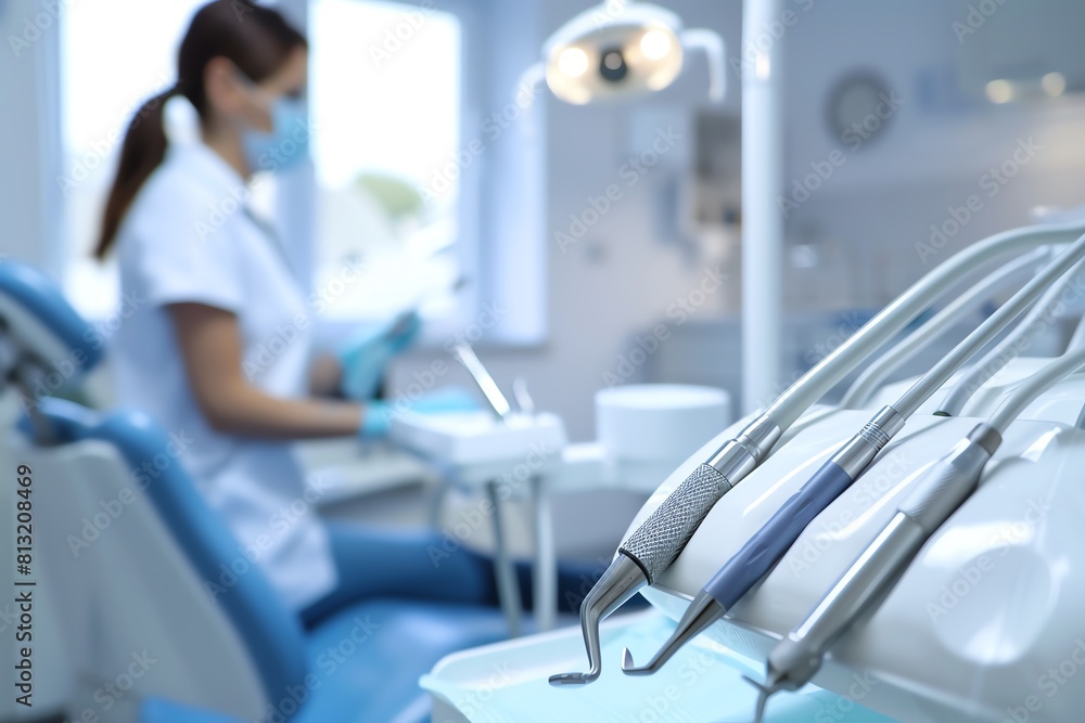 Dental hygienist preparing tools in clinic, clean white setup Dental hygienist preparing tools in clinic, clean white setup