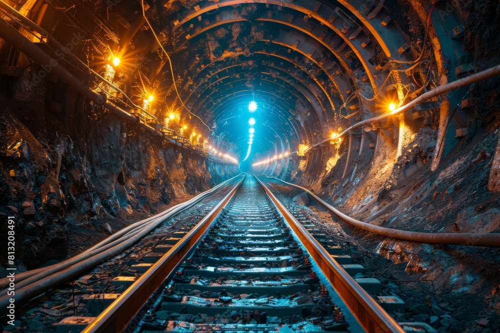 A thrilling view from inside a mining tunnel, showing rail tracks leading towards a lit exit, giving hope and a sense of direction A thrilling view from inside a mining tunnel, showing rail tracks leading towards a lit exit, giving hope and a sense of direction