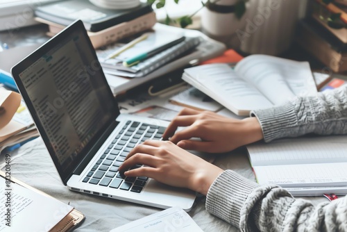 Technical writer typing on a laptop surrounded by manuals and notes, cozy workspace