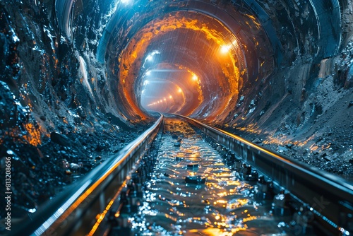 A long exposure capture of a lit train tunnel creating a colorful and dynamic reflection on the rails photo