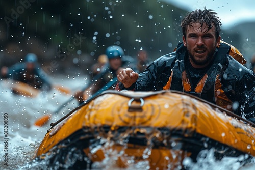 Intense image of a man navigating rough waters on a rafting boat with determination