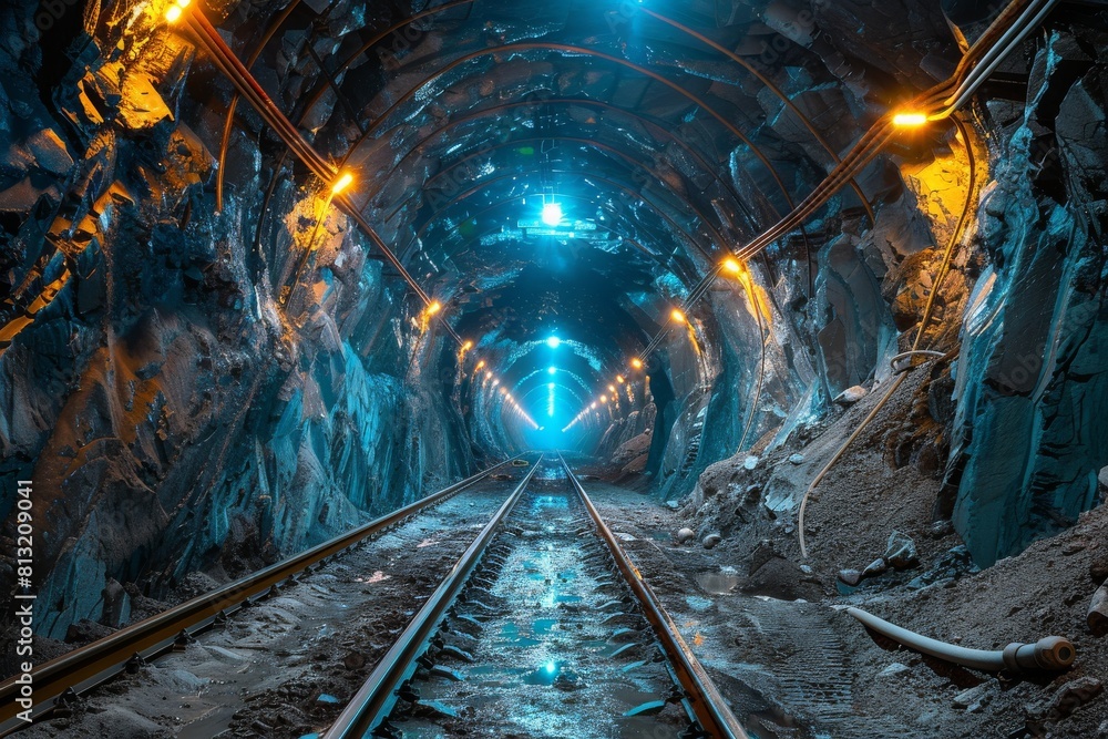 Naklejka premium A captivating view of a mine shaft illuminated with blue lights and train tracks leading into the distance