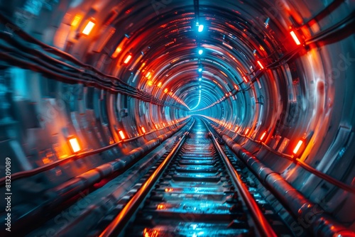 This dynamic image showcases a sleek circular tunnel illuminated by stunning red and blue lights with a central rail track