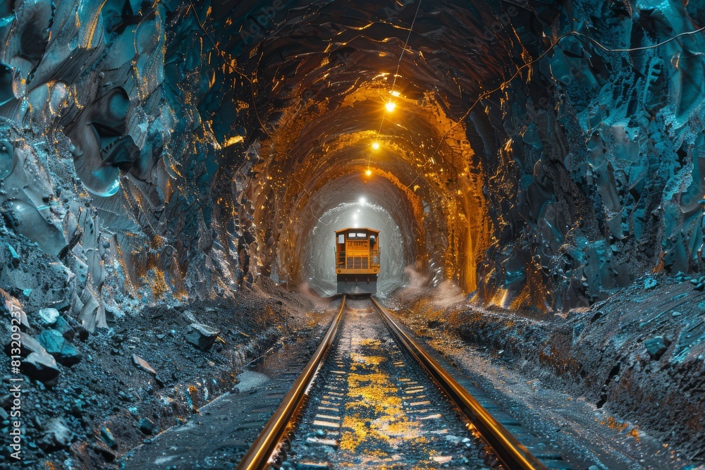 A small train decommissioned from mining operations exits a rugged, mineral-rich tunnel bathed in yellow light