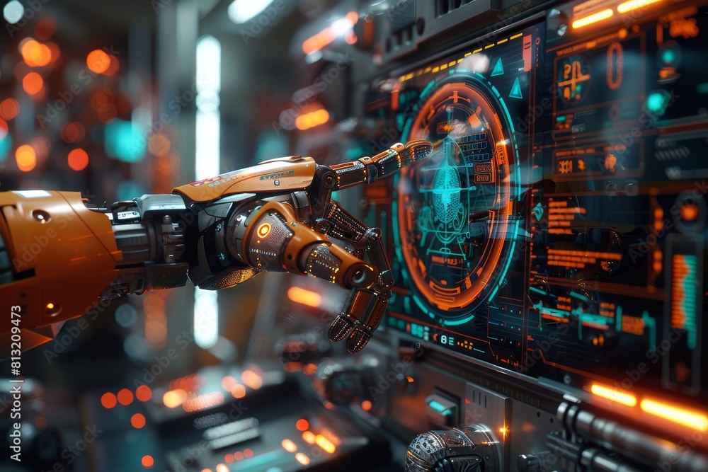 A robot arm actively engaging with a digital display, exemplifying futuristic automation technology A robot arm actively engaging with a digital display, exemplifying futuristic automation technology
