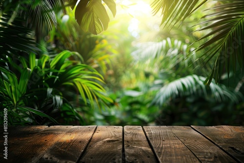 Jungle table background. Interior table for a cosmetic item against the backdrop of tropical plants  palms and jungle - generative ai