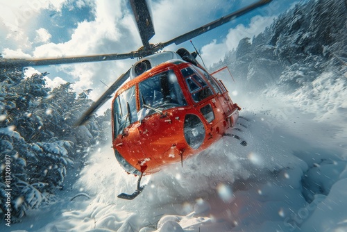 A vibrant red helicopter battles a fierce blizzard, representing bravery and the challenge of nature's extremities photo
