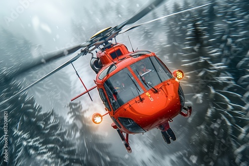 A vibrant red helicopter battles a heavy snowstorm, showcasing a dynamic and dramatic aerial scene amidst stark winter weather