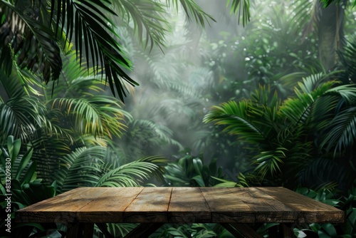 Jungle table background. Interior table for a cosmetic item against the backdrop of tropical plants  palms and jungle - generative ai
