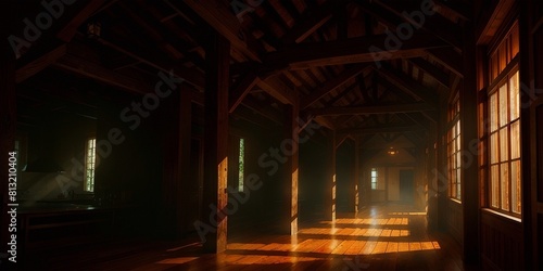 a dark room with a wooden floor and a light coming through the windows