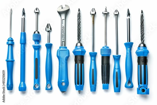 assortment of bluehandled screwdrivers isolated on white background hand tools for home repair concept photo