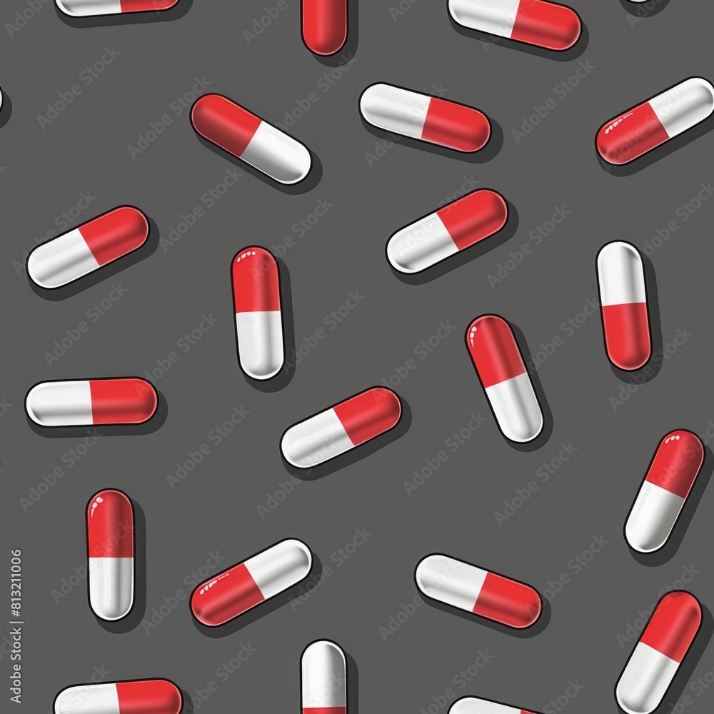 A design featuring a cyclical, repeating pattern of various pills set against a field gray background, symbolizing medical themes and health care. A design featuring a cyclical, repeating pattern of various pills set against a field gray background, symbolizing medical themes and health care.