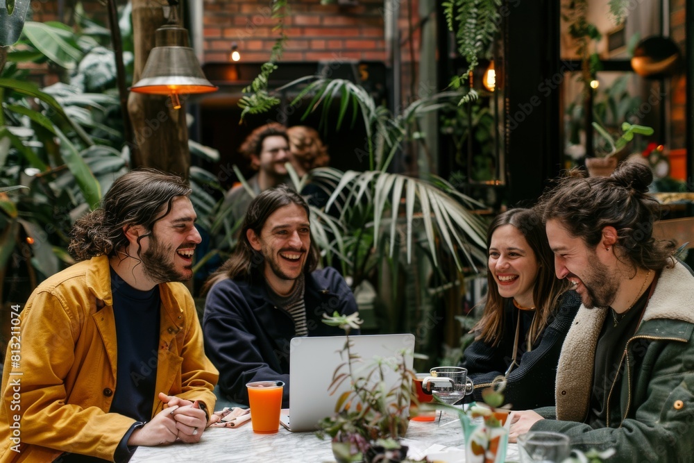 Group of friends sitting at the table in a cafe and having fun Group of friends sitting at the table in a cafe and having fun